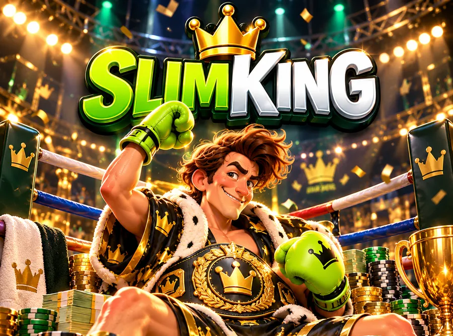 SlimKing champion in his crown robe celebrating in the ring with chips and a trophy