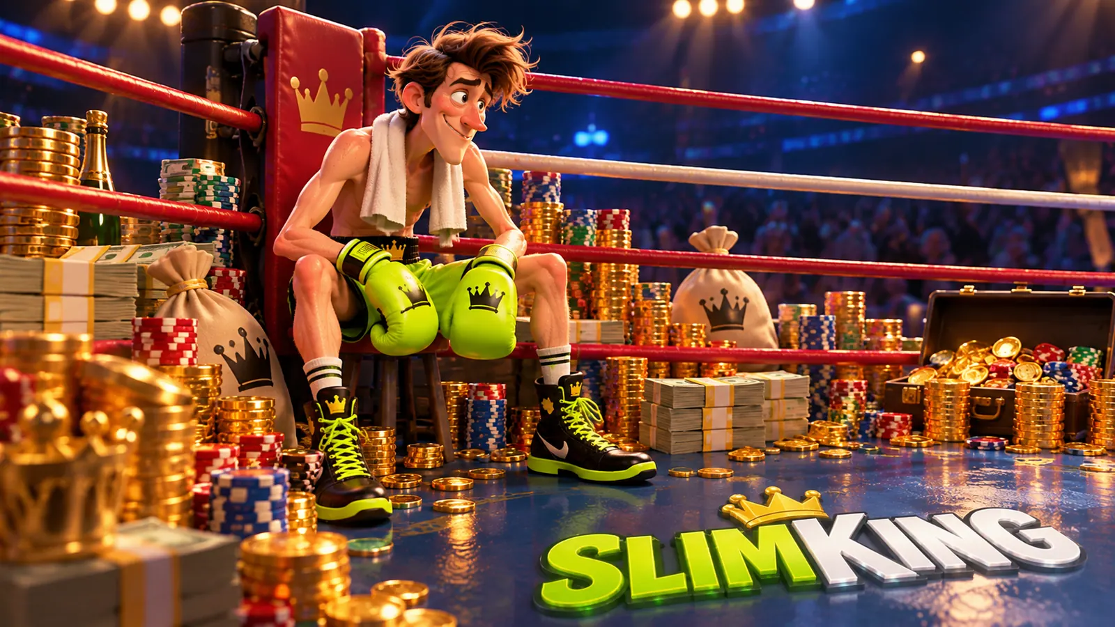 SlimKing champion resting in his corner surrounded by chips and cash