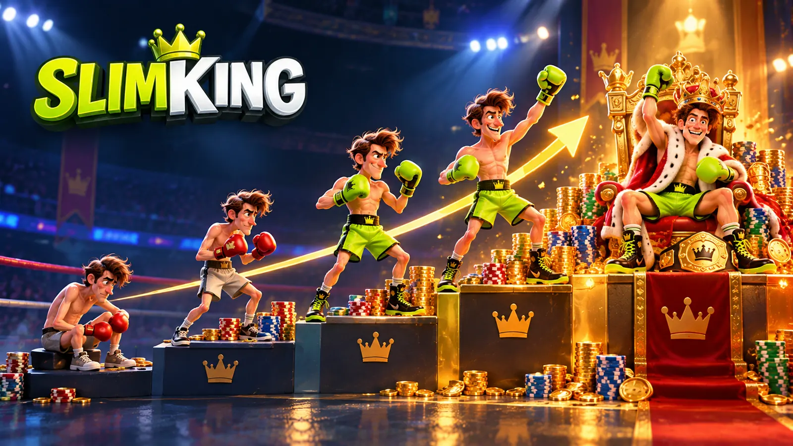 Boxers climbing golden steps towards the SlimKing throne
