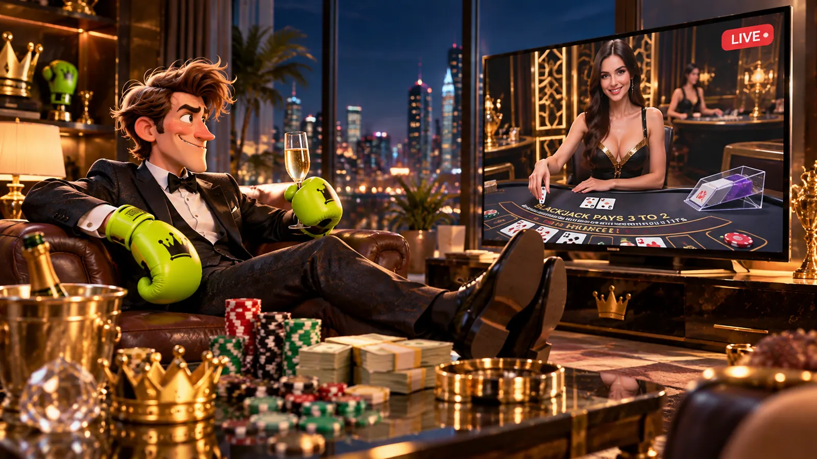 SlimKing player relaxing in a lounge watching live blackjack on a big screen